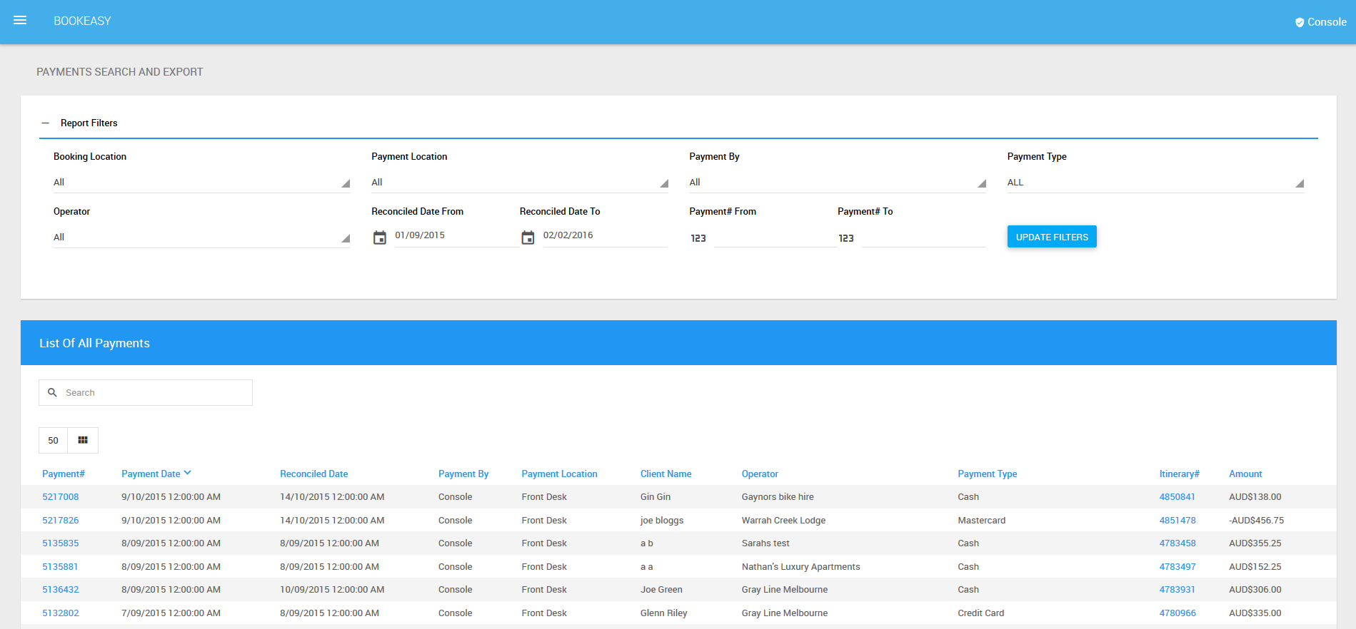 Payment History : Bookeasy Support