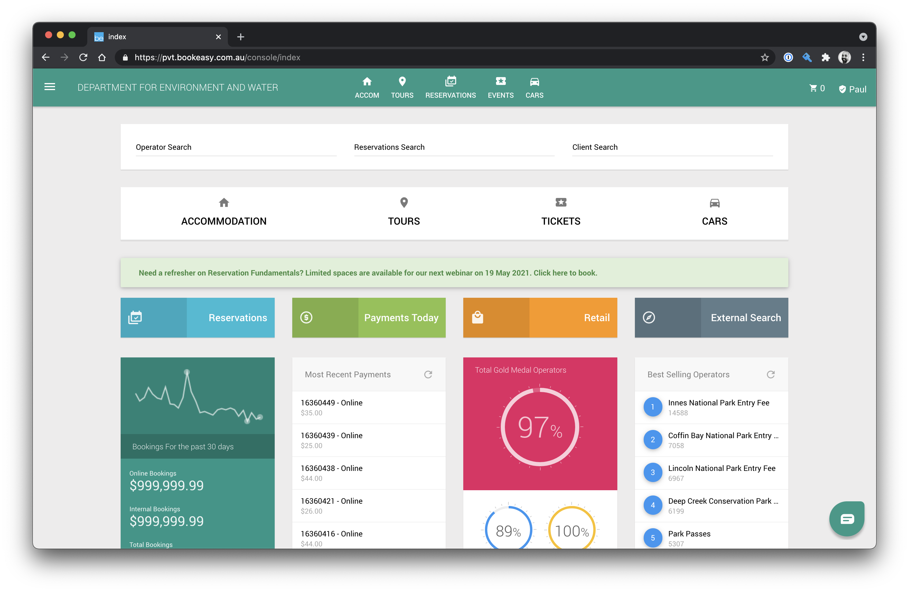 Bookeasy Staff Console for the Department of Environment and Water